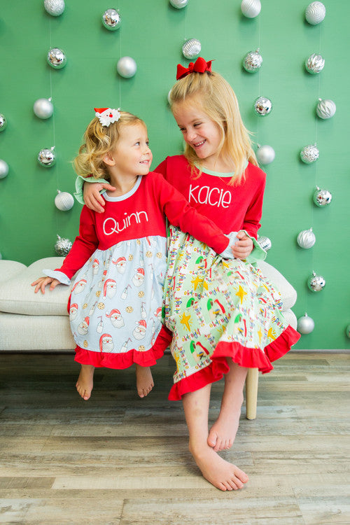 Girls Holiday Long sleeve Dress - Red with Christmas Print / 5t Girls Holiday Long sleeve Dress - Red with Christmas Print / 5t