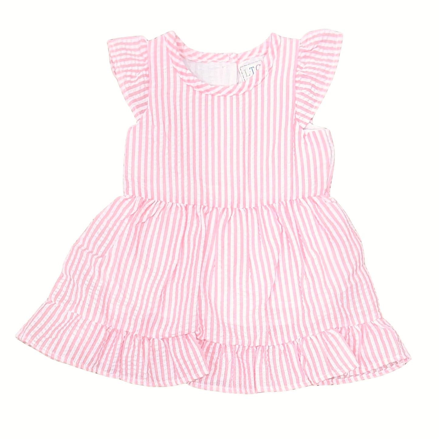Pink and white striped dress with ruffled sleeves