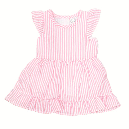 Pink and white striped dress with ruffled sleeves